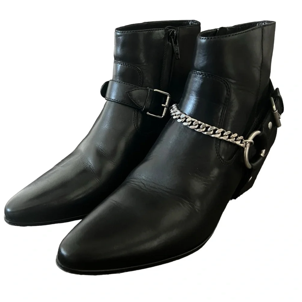 Saint Laurent Black Leather Western Chain Ankle Boots - Picture 3 of 16